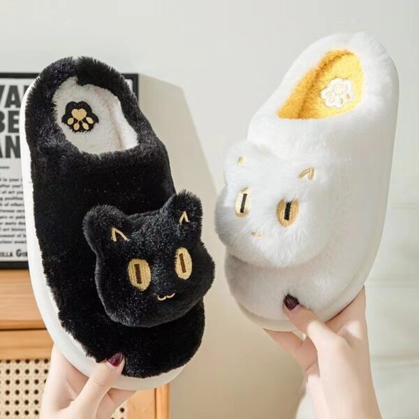 Cotton Cat Slippers Soft Plush Comfy Warm Couple Slip-On House Cute Cat Face Slippers For Winte - Image 3