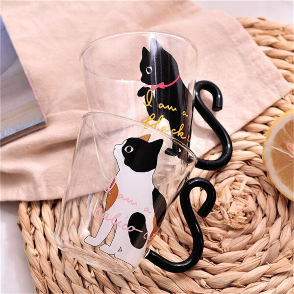 Kitchen Home Cute Cat Glass Juice Coffee Cup Milk Tea Coffee Glass Mug Cat Tail Handle Cat Valentine's Day Lover Gifts Stainless Spoon - Image 2