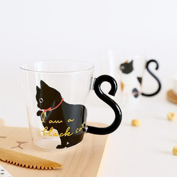 Kitchen Home Cute Cat Glass Juice Coffee Cup Milk Tea Coffee Glass Mug Cat Tail Handle Cat Valentine's Day Lover Gifts Stainless Spoon - Image 9