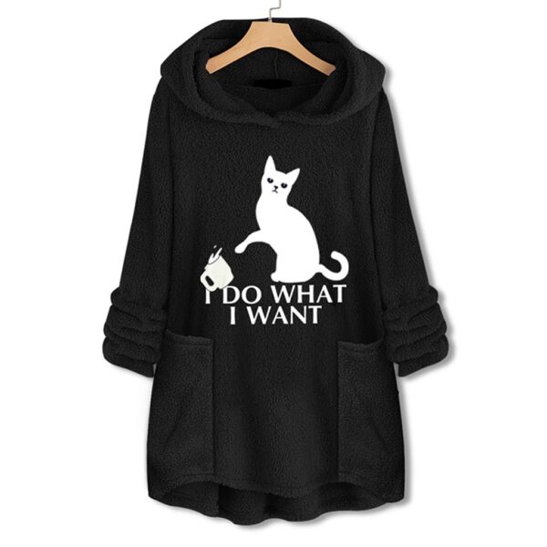 Cat Print Long Sleeve Reversible Velvet Hoodie Sweater - Image 8