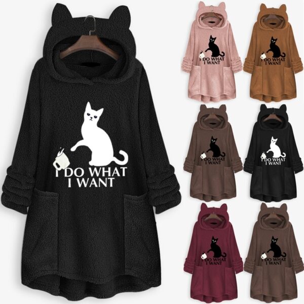 Cat Print Long Sleeve Reversible Velvet Hoodie Sweater