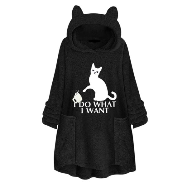 Cat Print Long Sleeve Reversible Velvet Hoodie Sweater - Image 6