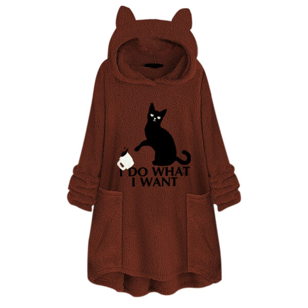 Cat Print Long Sleeve Reversible Velvet Hoodie Sweater - Image 10