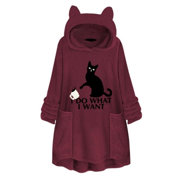 Cat Print Long Sleeve Reversible Velvet Hoodie Sweater - Image 3