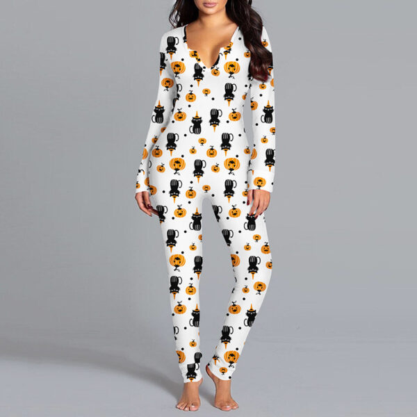 Halloween Printed Jumpsuit Long Sleeve Home Pajamas Casual Trousers Women's Cos Clothing - Image 6