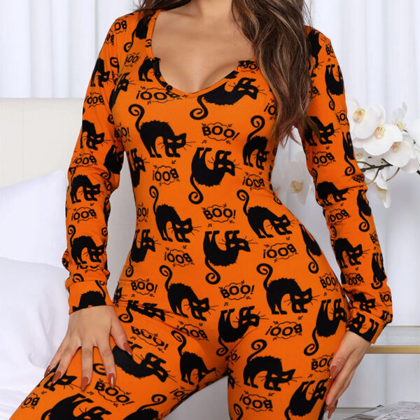 Halloween Printed Jumpsuit Long Sleeve Home Pajamas Casual Trousers Women's Cos Clothing - Image 2