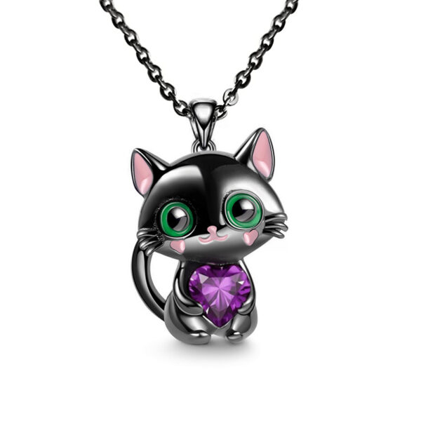 Black Cat Rhinestone Heart Pendant Necklace - Image 2